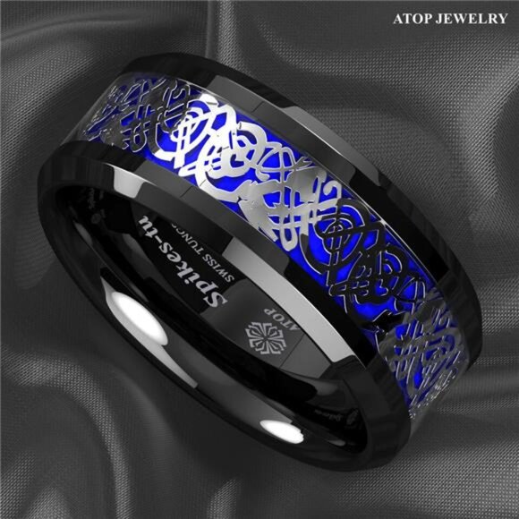 Men's Wedding Band Rings - Blue Black Silver Celtic Dragon Design Wedding Rings - Picture 2 of 8